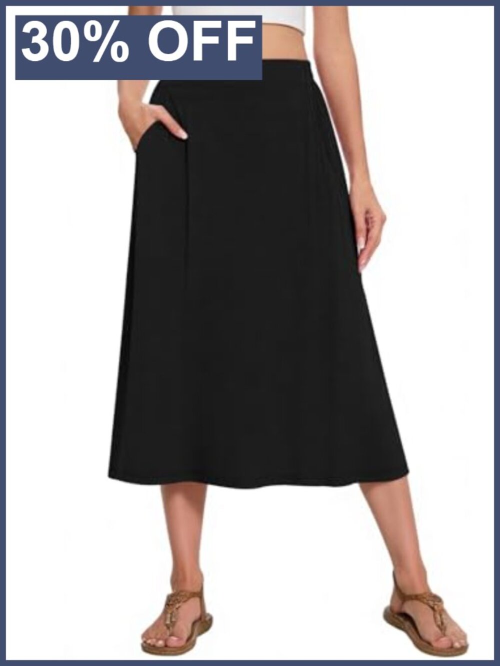 Women's Midi A-Line Skirt Flowy Elastic High Waist Casual with Pockets